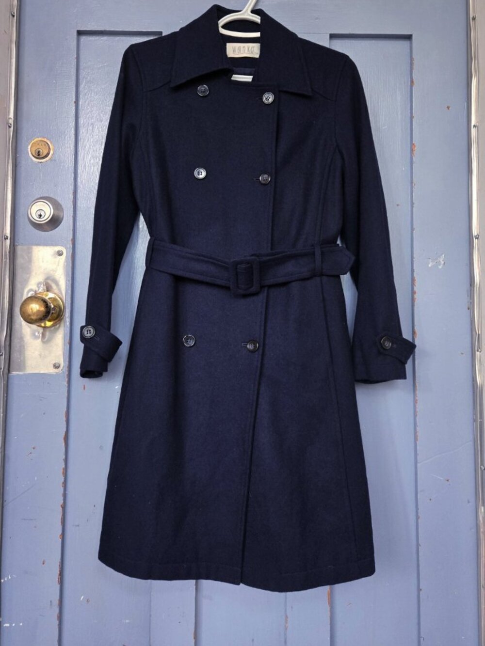 Women Double Breasted Belted Wool Blend Long Coat